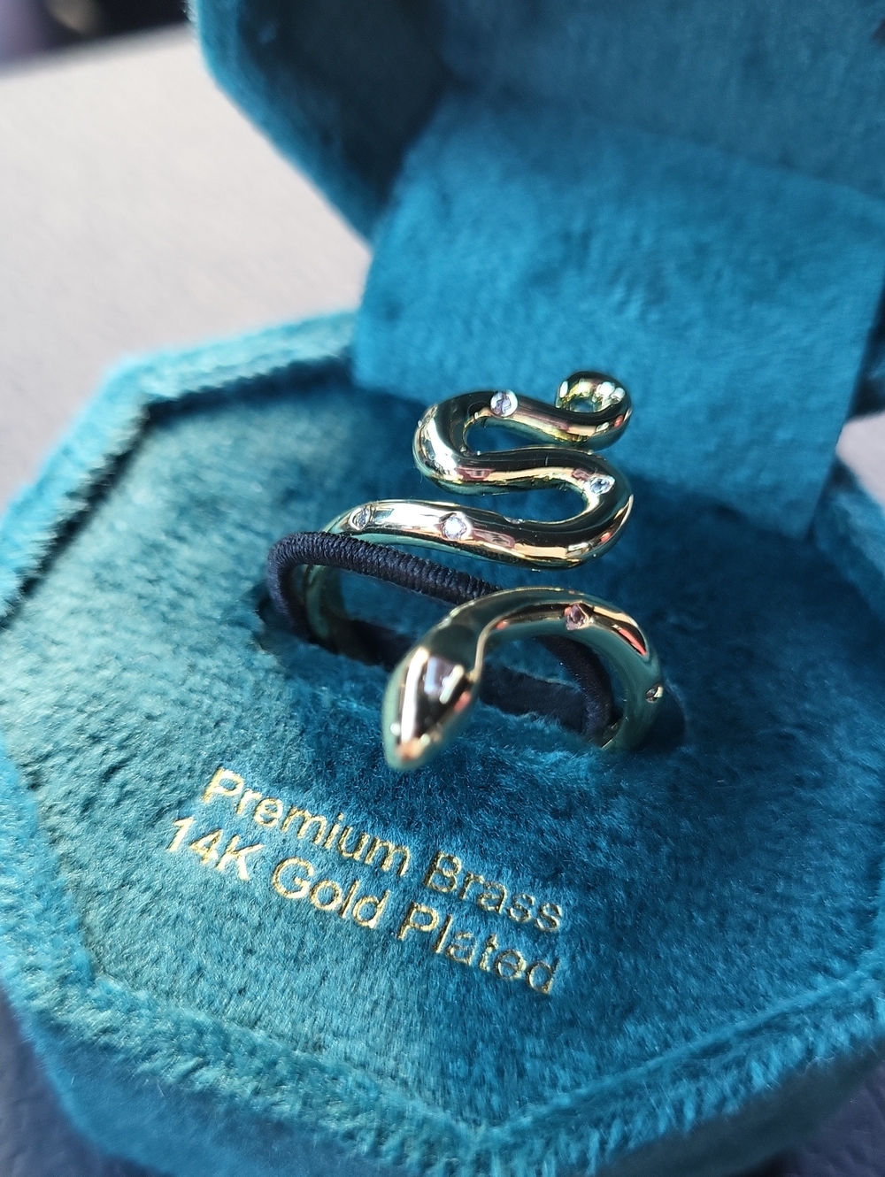 NEO RELIQUE 14K Gold Plated Snake Gem Detailed Ring in Teal Box Size 8